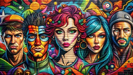 Obraz premium Pop art-inspired graffiti mural with diverse faces, vibrant street art