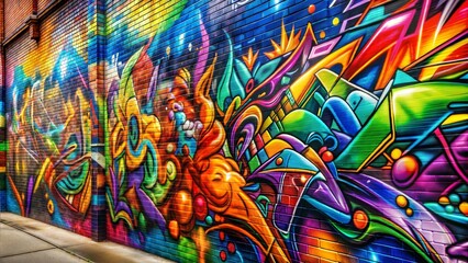 Colorful abstract graffiti on brick wall, vibrant urban street art