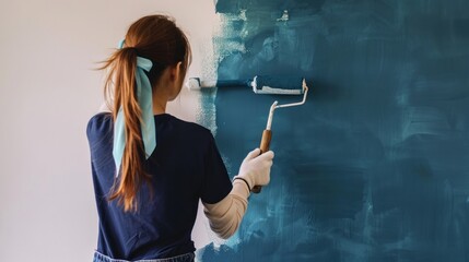 Obraz premium Woman Painting a Wall with a Blue Roller