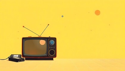 Obraz premium Vintage Retro TV Set with VHS VCR Tapes With Bright Yellow Background Text Template