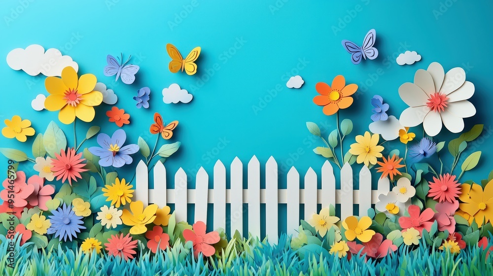 Wall mural detailed paper cut style garden with blooming flowers, butterflies, and a picket fence, vibrant colo