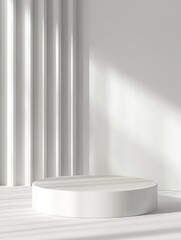3D realistic white cylinder product pedestal podium background. Minimal vertical pattern wall scene mockup product stage showcase, Promotion display. with generative ai