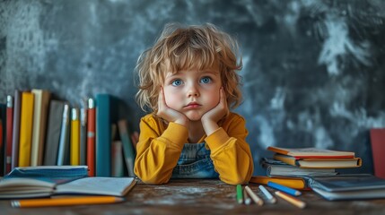 Bored child sitting at a cluttered desk with school books, resting chin on hands, staring blankly at the wall, homework and pencils scattered around, copy space for stock photo with minimal concept,
