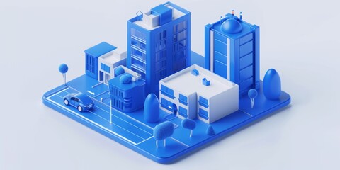 Create an isometric blue 3D mini city with modern high-rises and big windows