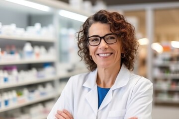 Middle age female latin pharmacist scientist pharmacy glasses.