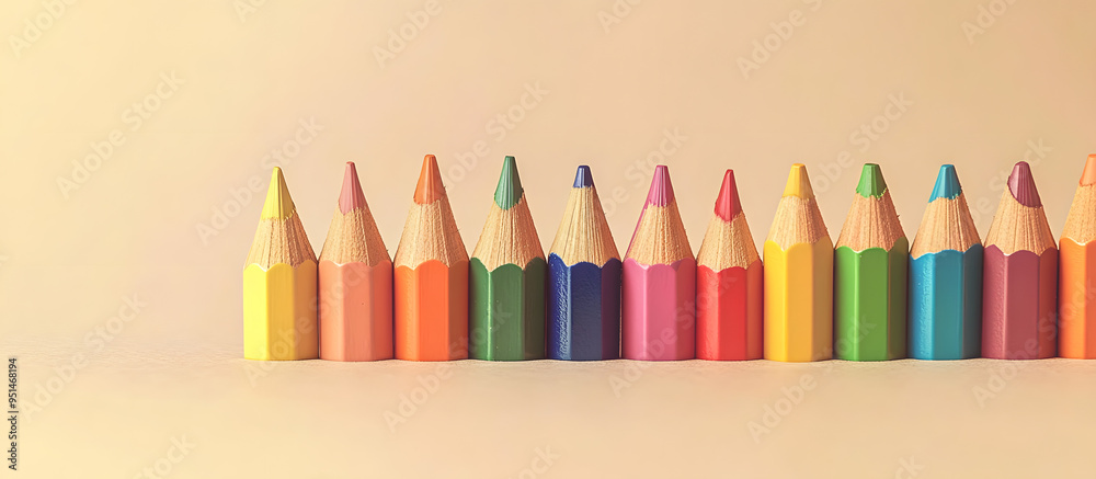 Poster Colorful pencils displayed on a beige backdrop with copy space image