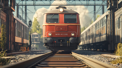 Fototapeta premium Symmetrical shot, a train is coming,. Symmetrical. Illustration