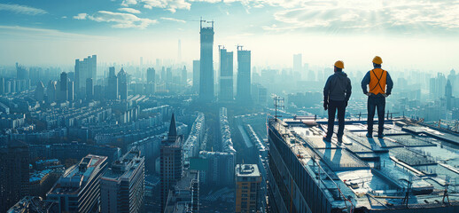 Construction workers in hard hats on a city skyscraper rooftop, teamwork, progress, skyline view, cityscape. Generative AI.