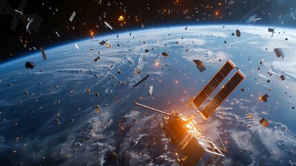 a satellite satellite flying over a large group of debris in space