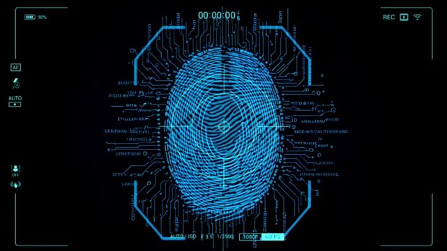 Biometric fingerprint scan with digital blueprint interface in a secure virtual environment. High-tech identification and access control concept. Seamless looping 4k time-lapse video background.