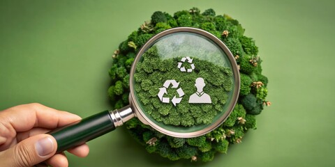 Magnifying Glass Focusing on ESG Evergreen Concept with Recycling and Sustainability Icons on Green Background