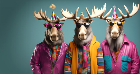 Creative animal concept. Group of moose in funky Wacky wild mismatch colourful outfits on bright background advertisement, copy space. birthday party invite invitation banner	
