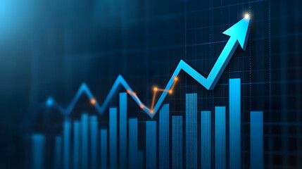Blue growth graph business chart data diagram on success financial presentation background with abstract up arrow bar symbol or finance marketing price statistic and economy market profit investment.