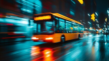 a bus driving down a street at night time