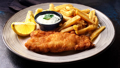 Crispy Fish and Chips with Tartar Sauce and Lemon Wedge