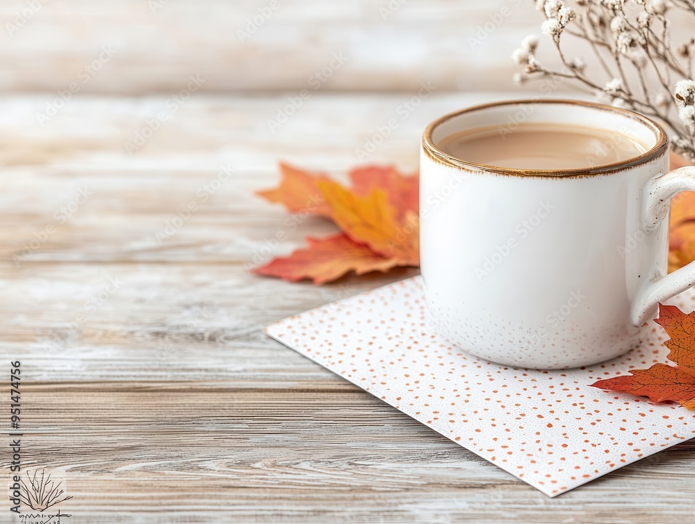 Wall mural Autumnal Coffee Break with Maple Leaf and White Mug.