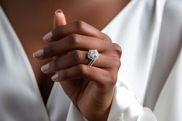 Diamond jewelry in white outfit model African American lady hand finger silver ring.