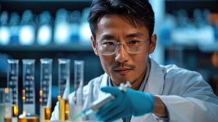 Asian Chinese lab chemist doing a lab test using high tech equipment. Generative AI.