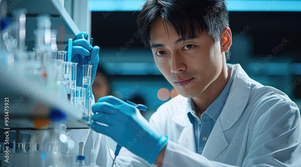 Aufkleber Asian Chinese lab chemist doing a lab test using high tech equipment. Generative AI.