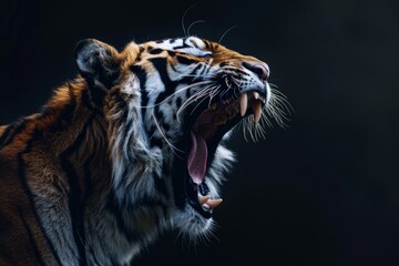 Obraz premium A fierce tiger roaring in the dark. This powerful animal embodies wild beauty and strength. Perfect for nature enthusiasts and wildlife lovers. Generative AI.