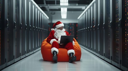 Christmas in a Data Center: Santa Claus sits with a laptop in an orange bean bag in a data center between black racks and servers