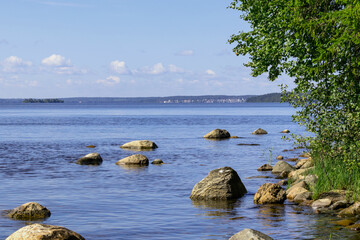 Summer daytime landscape of the coastline of the large Onega Lake with a rocky bottom.

