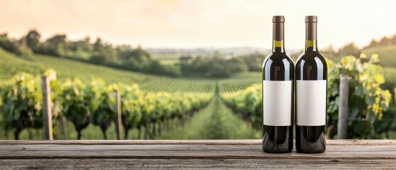 Bottles of organic wine with vineyard background, eco-friendly winemaking process and sustainable agriculture