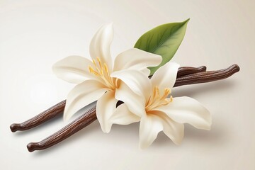 Light beige delicate vanilla flower with pods and leaves. HD realistic.