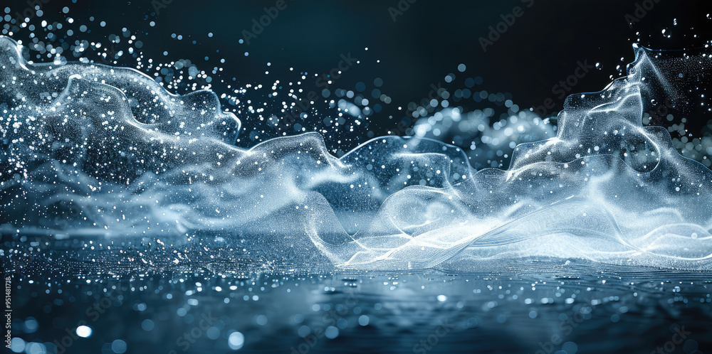Poster water jet stream in slow motion, colliding with a dusty surface, particles scattering. generative ai