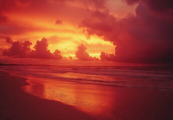 Obraz premium A red sunset over the ocean with clouds in the sky