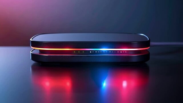 A futuristic Modem Router device with red and blue lights glowing on a dark reflective surface.