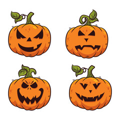 Set of Halloween pumpkins with scary faces. Cartoon vector illustration.