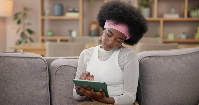 Black woman, tablet or drawing on sofa for remote work, editing or creative at home. Freelance fashion designer, tech or idea on couch for clothes draft, digital pen or sketch with online inspiration