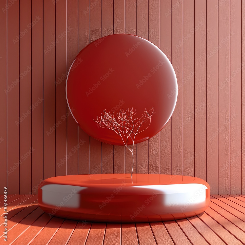 Poster red cylindrical podium flying object 3d. generative ai.