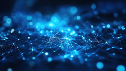 A 3D illustration of a blue digital network, with luminous nodes and connections representing the flow of information in a cyber social network.