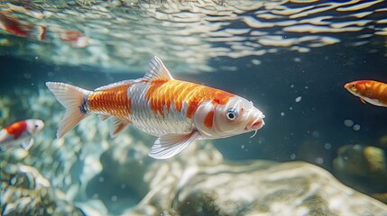 Naklejka premium A beautiful Koi carp with striking orange and white scales swimming gracefully in clear water, surrounded by smaller fish.