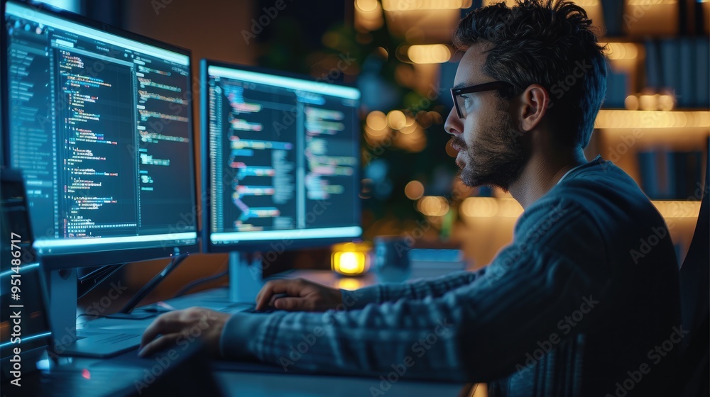 Poster A software developer coding on a computer. the code on the screen. Generative AI.