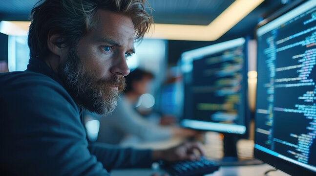 A software developer coding on a computer. the code on the screen. Generative AI.