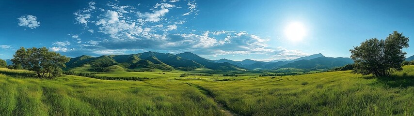 Fototapeta premium Expansive green field under a bright sun, with distant mountains on the horizon, showcasing a beautiful natural landscape.