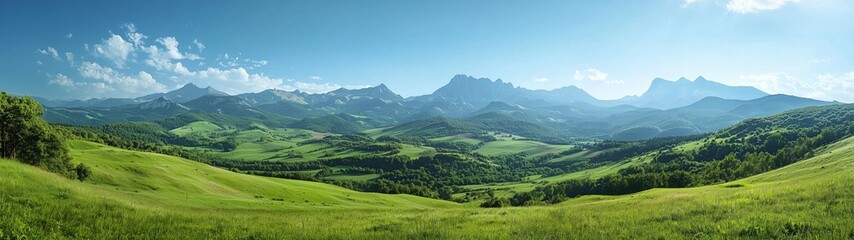 Fototapeta premium A scenic green valley with a distant mountain range, offering a serene and expansive view of untouched nature.