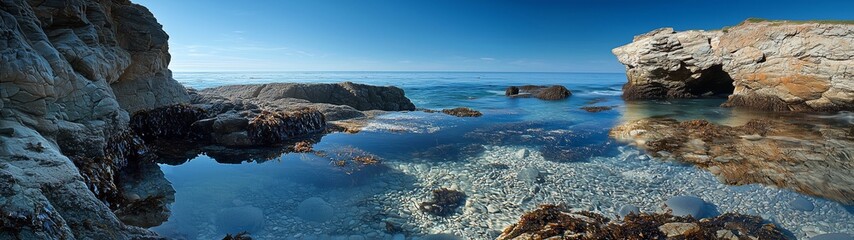 Scenic coastal area featuring tidal pools surrounded by rocky outcrops and seaweed, with clear blue waters under a sunny sky.