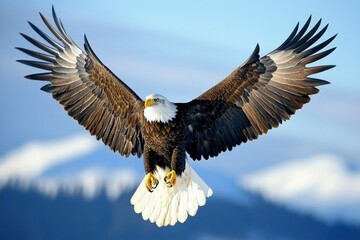 Obraz premium Bald Eagle Soaring with Wings Spread Against Blue Sky