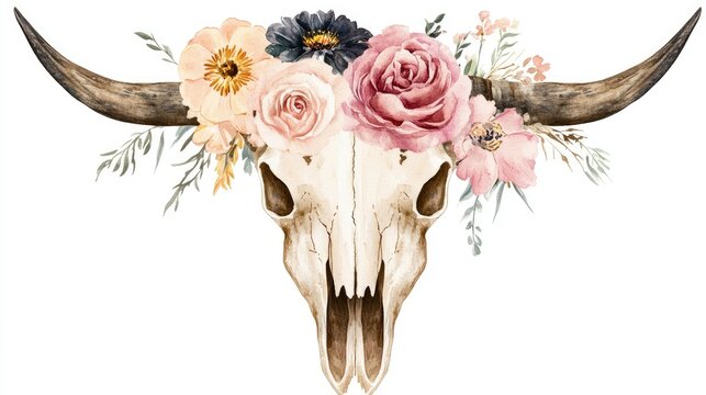 A boho bull skull decorated with watercolor flowers in soft pinks and beiges, standing out against a transparent background.