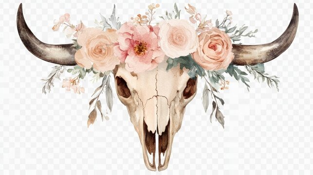A boho bull skull decorated with watercolor flowers in soft pinks and beiges, standing out against a transparent background.