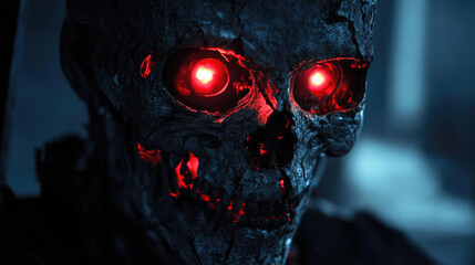 A haunting mask with skeletal, cracked features and hollow eye sockets, glowing with red eyes.