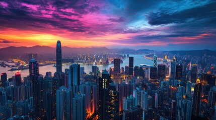 Obraz premium A breathtaking view of a city skyline at dusk, with skyscrapers illuminated against a vibrant, multicolored sky as the last light fades.