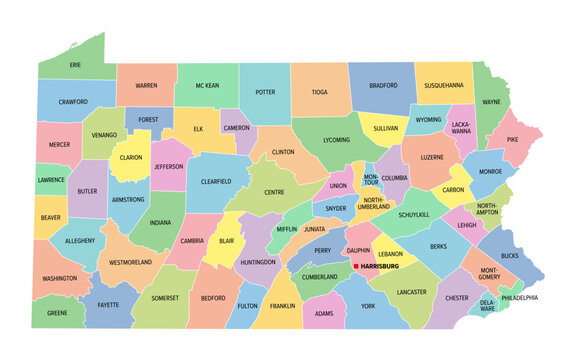 Pennsylvania, U.S. state, subdivided into 67 counties, multi colored political map with capital Harrisburg, and borders. State of the Mid-Atlantic and Northeastern USA, with nickname Keystone State.