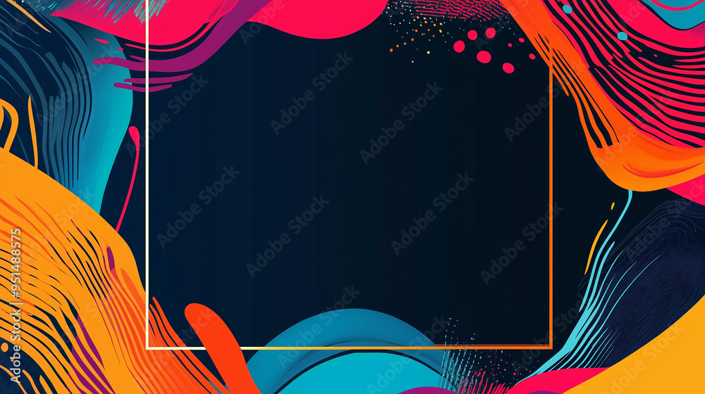 Aufkleber Vivid abstract background with colorful waves and a central square frame, set against a dark blue backdrop. The composition features vibrant colors and simple geometric shapes, creating a dynamic and 