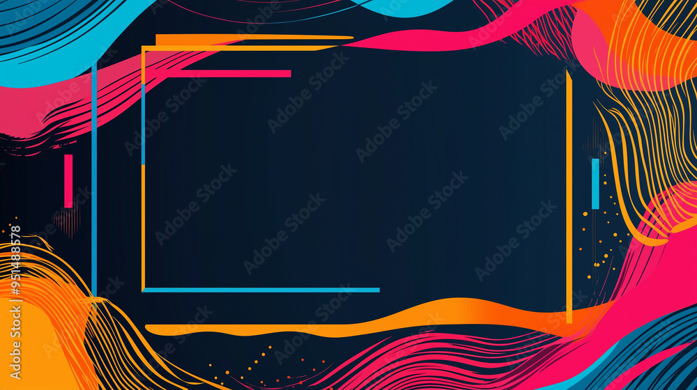 Poster Vivid abstract background with colorful waves and a central square frame, set against a dark blue backdrop. The composition features vibrant colors and simple geometric shapes, creating a dynamic and 