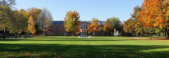 Fall foliage adorns the grounds of a brick building